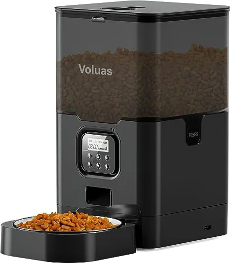 VOLUAS Automatic Cat Feeders - Pet Food Dispenser for Dry Food, Timed Cat Feeder with Desiccant Bag, Programmable Portion Size Control 4 Meals Per Day, 10s Voice Recorder