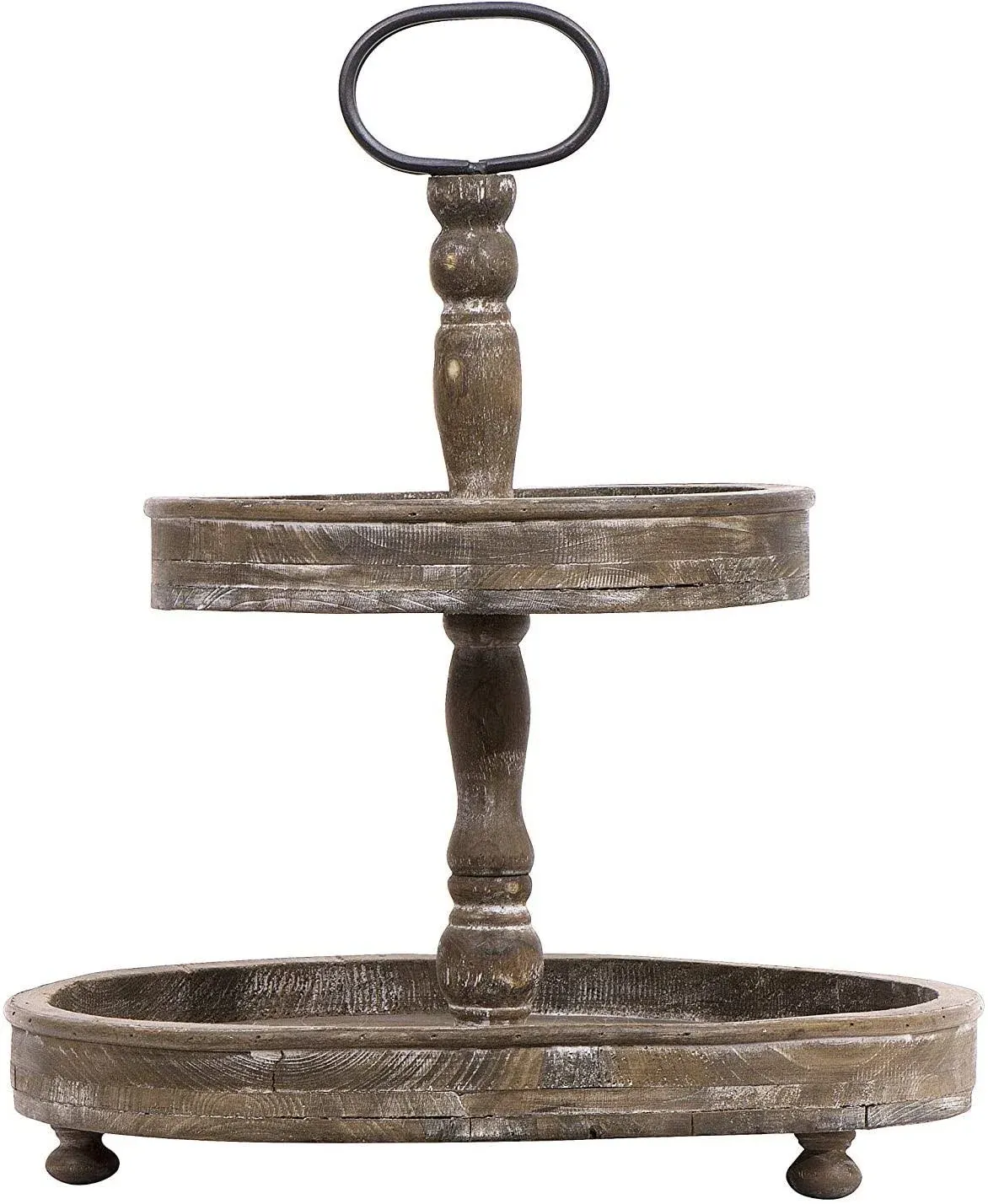 18" Distressed Brown Wooden 2-Tier Tray with Metal Handle