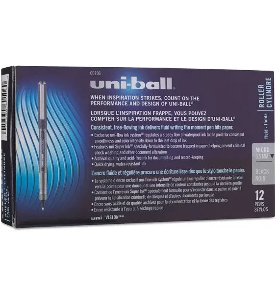 uni-ball Vision Rollerball Pens Fine Point, 0.7mm, Blue, 5 Pack