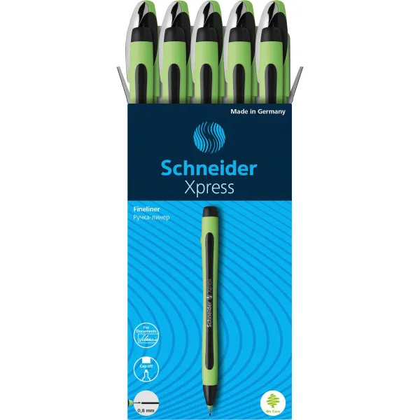 Schneider Xpress Premium Fineliner, 0.8 mm Porous Point, Light Green Barrel, Black Ink, Box of 10 Pens (190001)