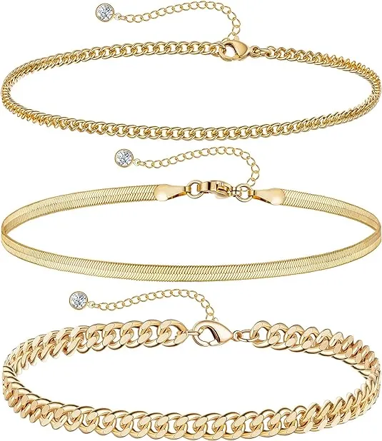 DEARMAY Gold Ankle Bracelets for Women Waterproof 3Pcs 14K Gold Plated Anklets Layered Cuban Link Chain Herringbone Dainty Cute Anklets Set Pack Summer Beach Jewelry Gift for Women