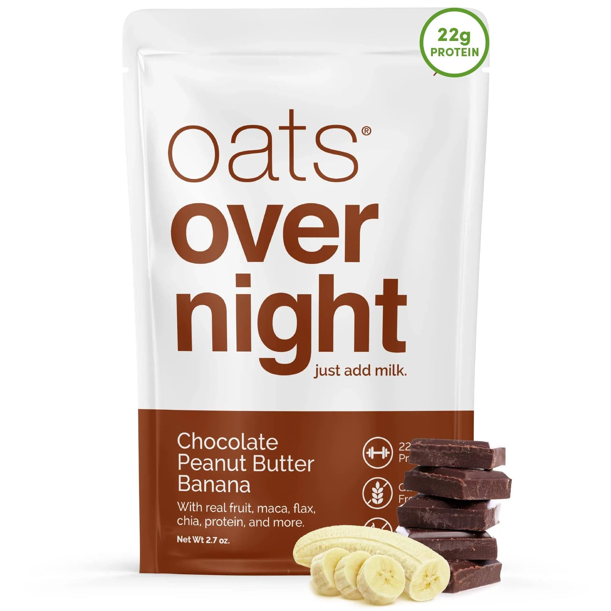 Oats Overnight Chocolate Peanut Butter Banana - Overnight Oats with 20g Protein, High Fiber Breakfast Protein Shake - Gluten Free Oatmeal, Non GMO