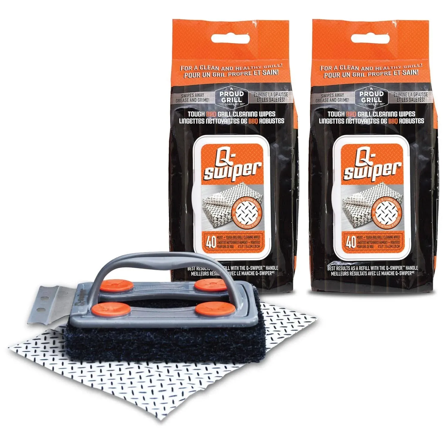 Q-Swiper BBQ Grill Cleaner Set - 1 Grill Brush with Scraper and 80 BBQ Grill Cleaning Wipes | No Bristles & Wire Free | Safe Way to Remove Grease