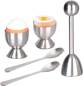 Xicennego Egg Cracker Topper Set of 5 - Includes 2 Egg Cups, 2 Spoons and 1 Cutter - Stainless Steel Easy Egg Opener