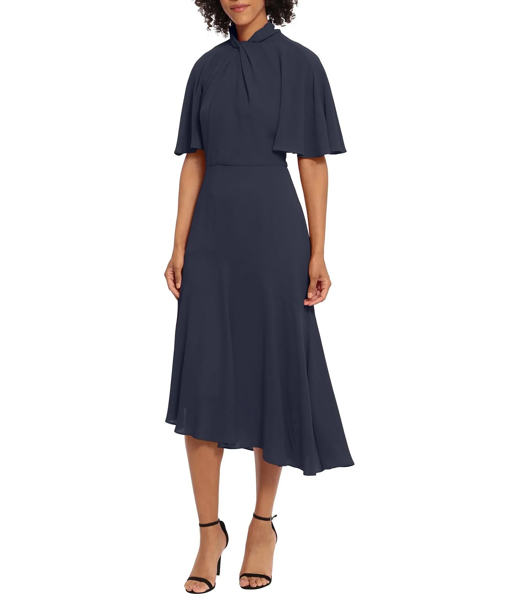 Maggy London Asymmetrical Hemline Crepe Short Sleeve Twisted Mock Neck Stretch Midi Dress - 4