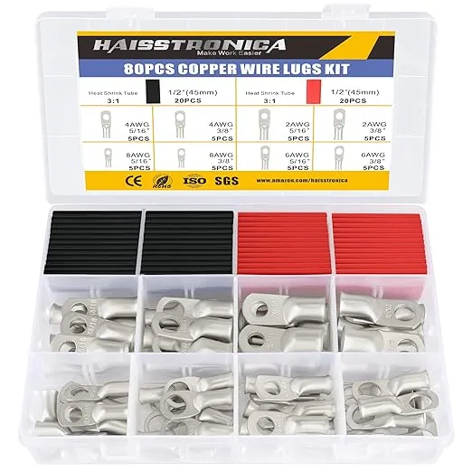 haisstronica 60PCS Tinned Battery Terminals Cable Lugs Kit,AWG 8 6 4 Heavy Duty Copper Wire Lugs,Eyelets Tubular Ring Terminals Battery Lugs(4Sizes/12Types)