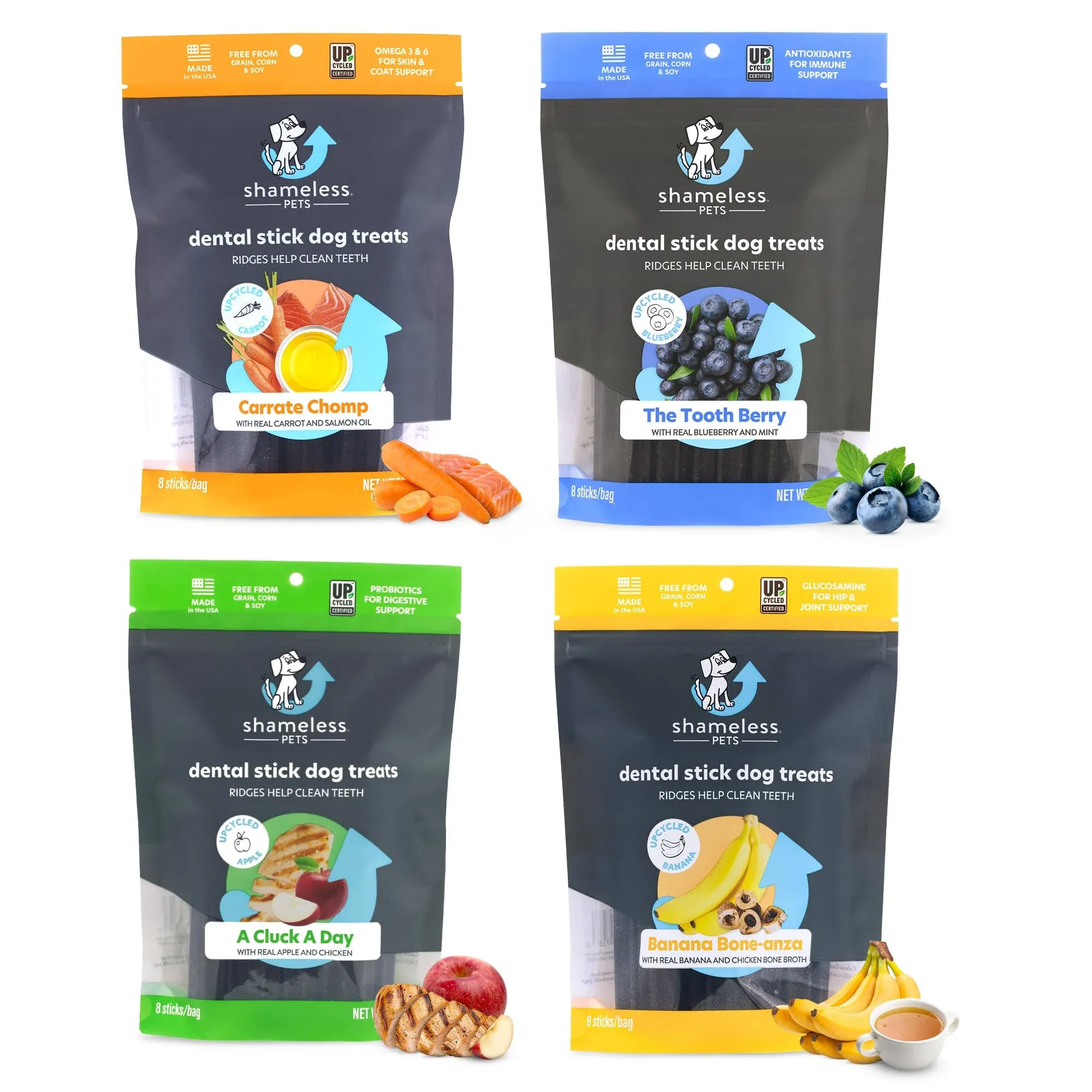 Shameless Pets Dental Treats for Dogs, Variety (4-Pack) - Healthy Dental Sticks 