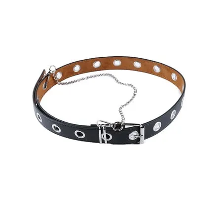 Leather Belt for Women Girls Waist Belt Adjustable Punk Belt with Chain Metal Grommets Stylish Black Trouser Chain Waist Belt