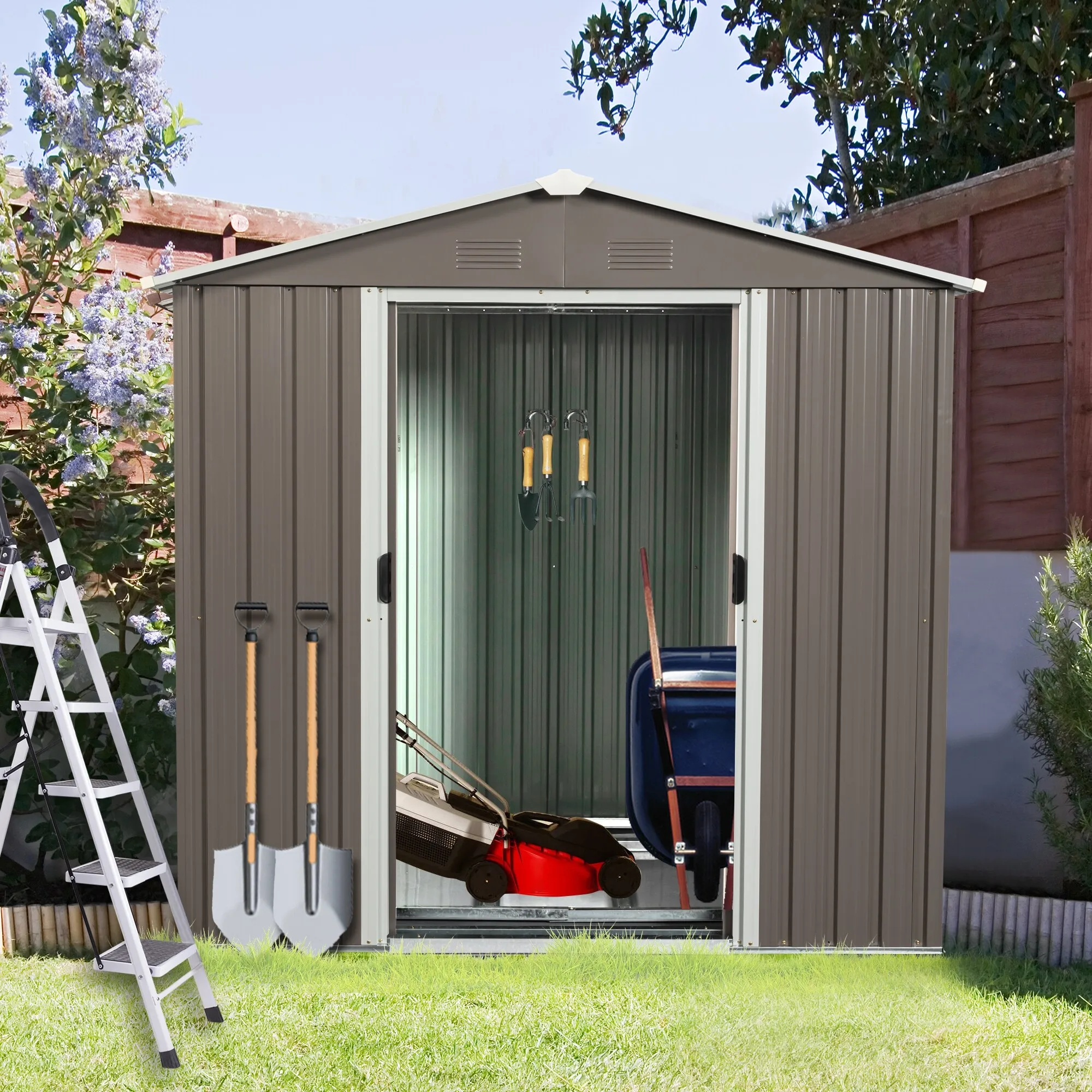 Backyard Metal Garden Shed for Bike Trash Can Tools Lawn Mowers Pool Toys Galvanized Steel Storage Cabinet with Lockable Door