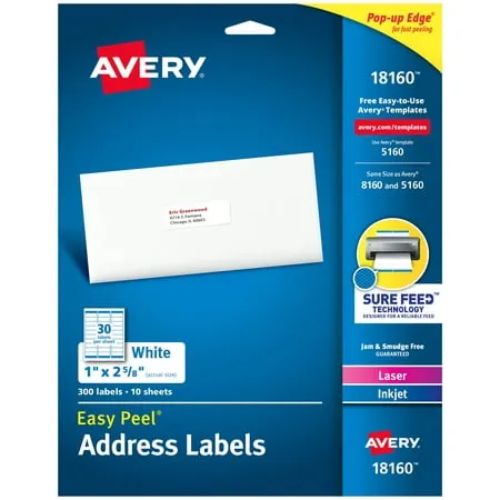 Avery Easy Peel Laser/Inkjet Address Labels, 1 x 2-5/8, White, 30 Labels/Sheet, 10 Sheets/Pack, 300, Paper | Quill