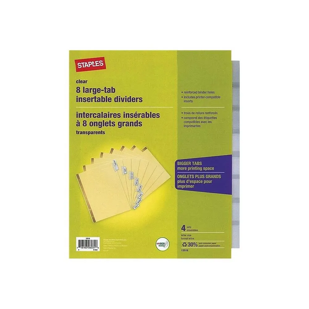 Staples Big Tab Insertable Dividers, 8-Tab, Clear, 4/Pack (13516)