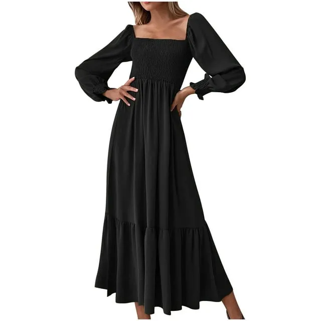 Womens Puff Long Sleeve Square Neck Smocked Maxi Dress Plain Elegant Ruffle Long Dress Casual Loose Flowy Swing Dress