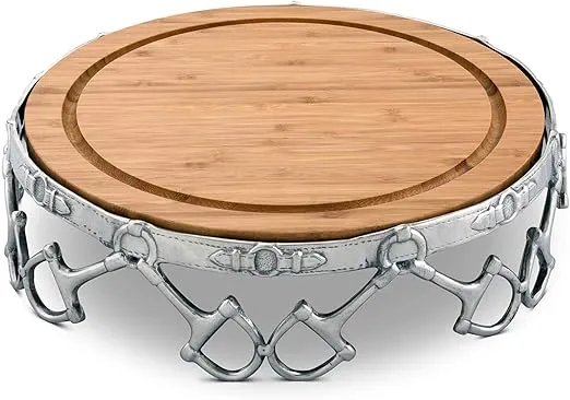 Arthur Court Aluminum Alloy Equestrian D-Ring Pattern Pedestal Cheese/Cake Stand with Removable Acacia Board 13 Inch Diameter