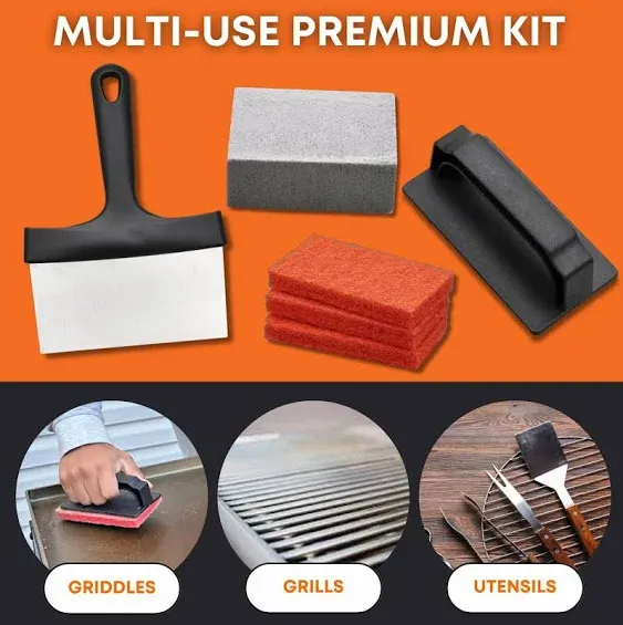 6-Piece Grill Cleaning Kit by Griddle Buddy for Blackstone with Grill Scraper, Cleaning Brick, Handle, and 3 Scouring Pads