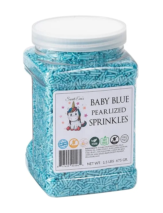 Sweet Eva’s BABY BLUE PEARLIZED SPRINKLES-Cake Decorating Jimmies, Cupcake,Cookies, and Cake Topper, Bulk Candy, Large, 1.5 LBS. Egg Free, Dairy Free, Gluten Free, Vegan, Soy Free, Nuts Free, Kosher