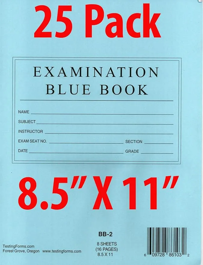 Testingforms 8.5" x 11" Examination Blue Book 8 Sheets 16 Pages 10 Booklets