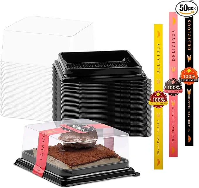 50 Pcs 3.5 Inch Mini Cake Box, Clear Plastic Mini Cupcake Box Muffins Box Cookies Dome Box Mooncake Box Small Single Muffin Dessert Containers Holder Wedding Birthday Gift Box - Bonus 50 Pcs Stickers (Black)