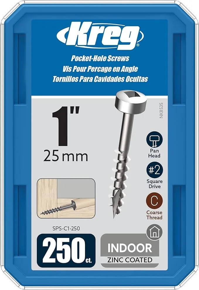 Kreg SPS-C1-250 Zinc Pocket Screws, 1-Inch #7 Coarse Thread, Pan- Head (250 Count)