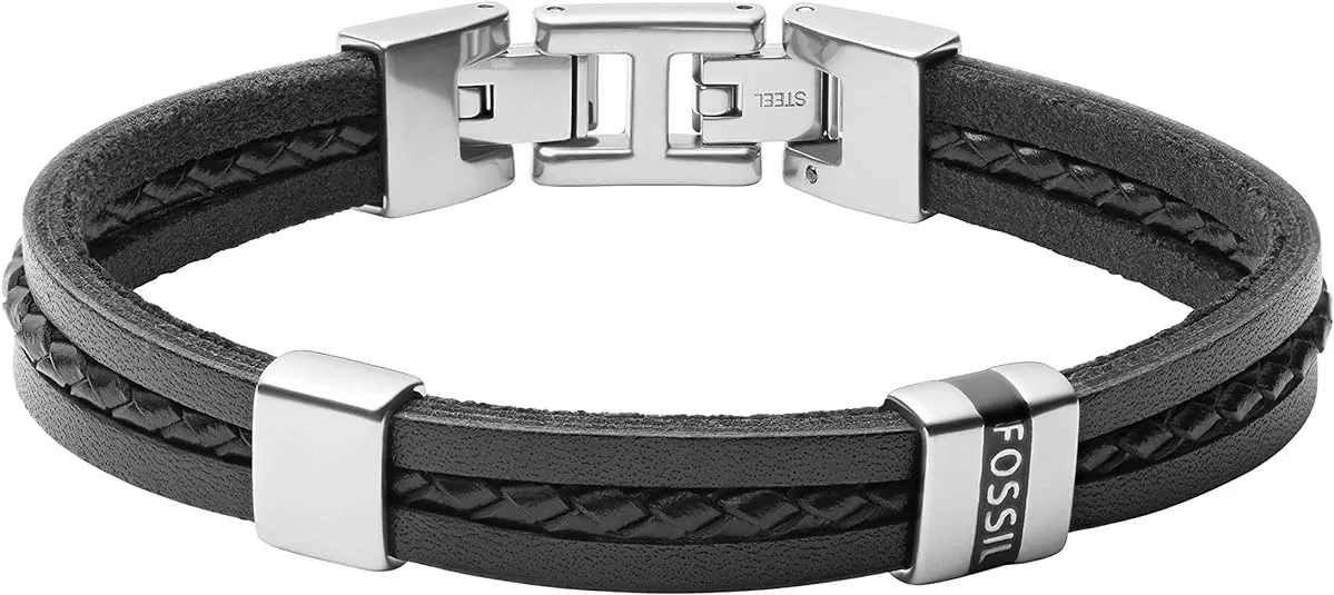 Fossil Men's Casual Stainless Steel and Genuine Leather Bracelet for Men