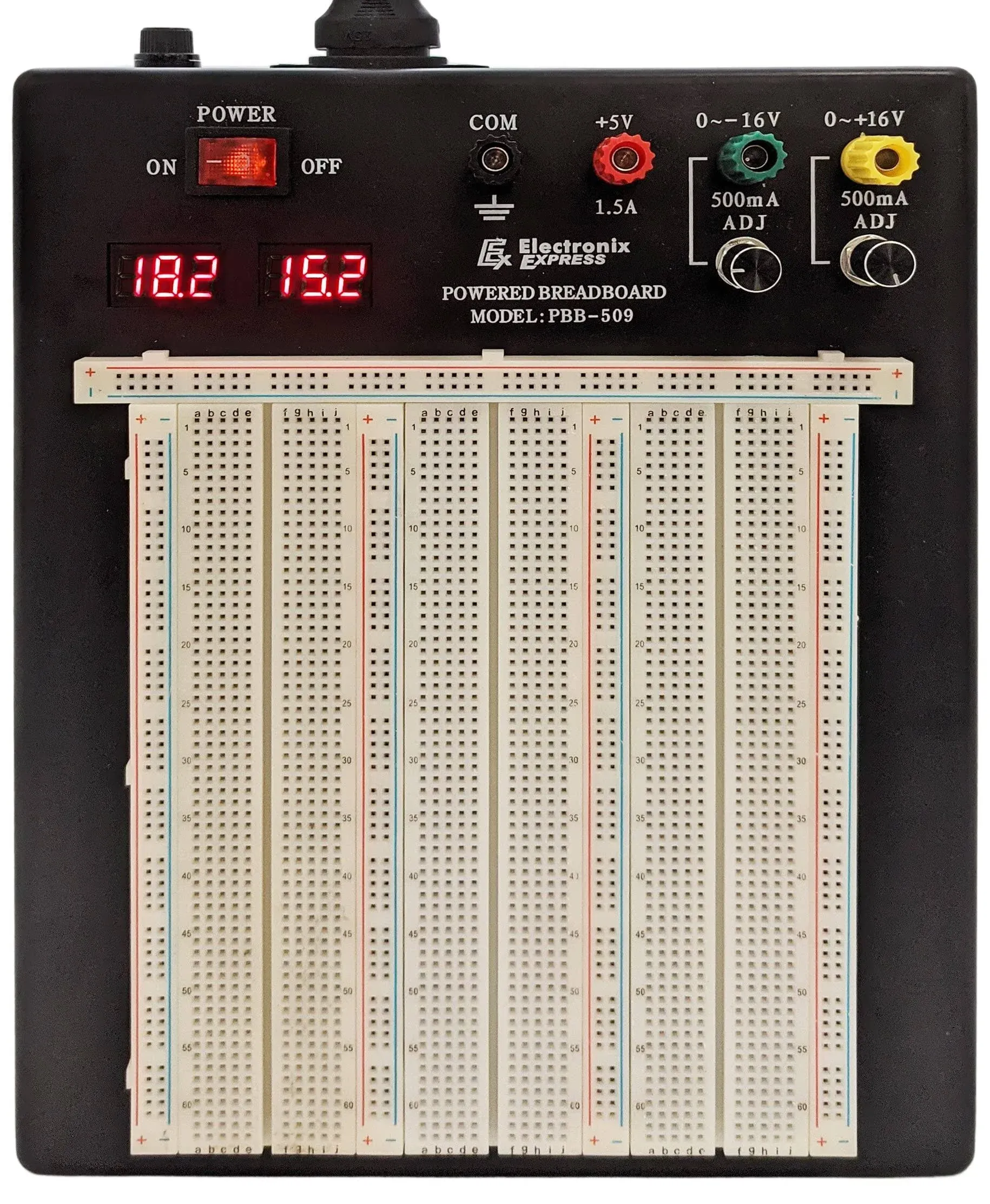 Powered Solderless Breadboard with 2390 Tie Points, 3 Regulated Power Supplies, 2 LED Display Voltmeters