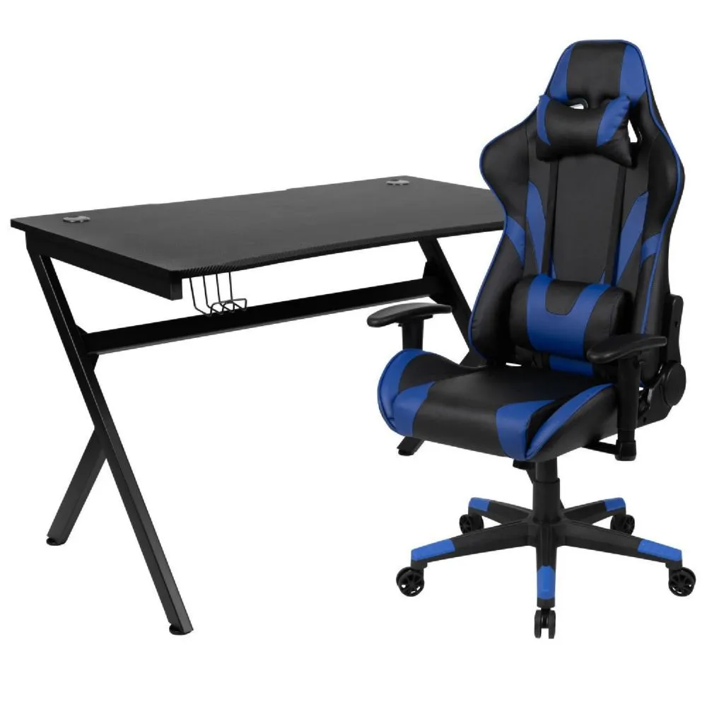 Emma + Oliver Gaming Bundle-Desk, Cup Holder/Headphone Hook & Blue Reclining Chair