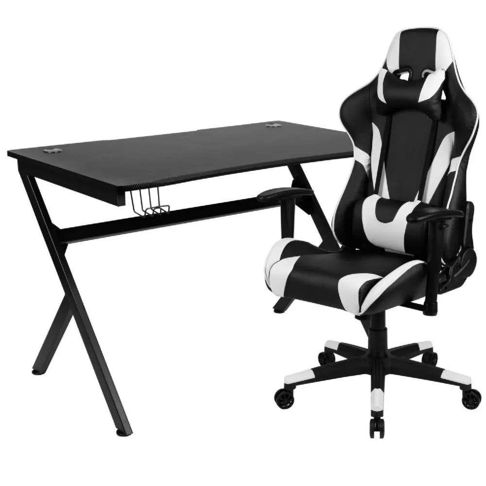 Emma + Oliver Gaming Bundle-Desk, Cup Holder/Headphone Hook & Black Reclining Chair