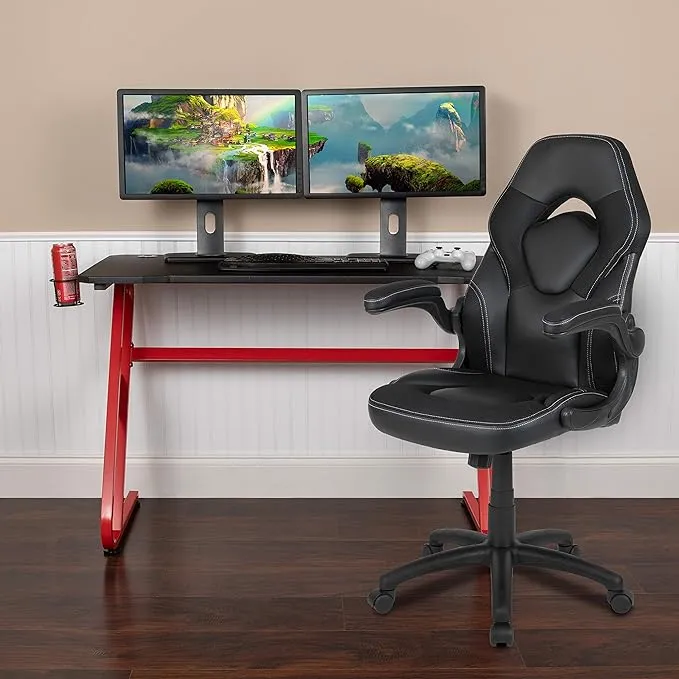 Emma + Oliver Gaming Bundle-Desk, Cup Holder/Headphone Hook & Gray Reclining Chair