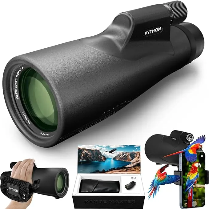 Python 12x52 Range Master Ultra HD Monocular Telescope High Powered for Adults with Smartphone Adapter, Leather Bag, Hand Strap - Monoculars for Star Gazing, Bird Watching Wildlife Hunting Travel