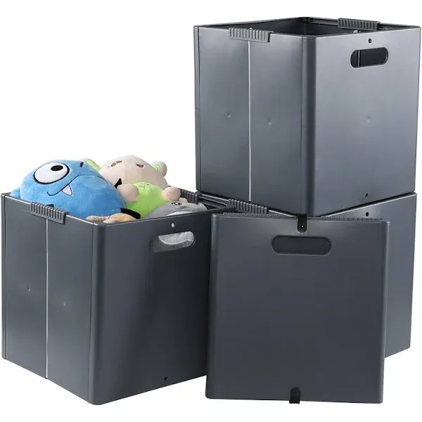 4 Pack Plastic Foldable Storage Cubes Grey Collapsible Bin Crate