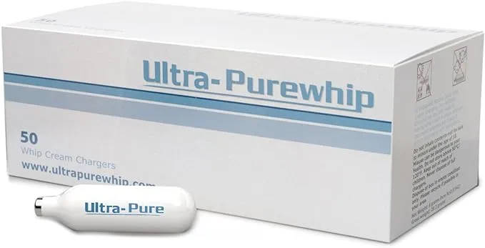 Ultra-Purewhip N2O Cream Chargers - 8g Premium Stainless Steel Whipped Cream Charger Cartridges for Major Whip Cream Makers - Pure & Flavor Neutral N2O Chargers with Long Shelf Life - 50 Pack