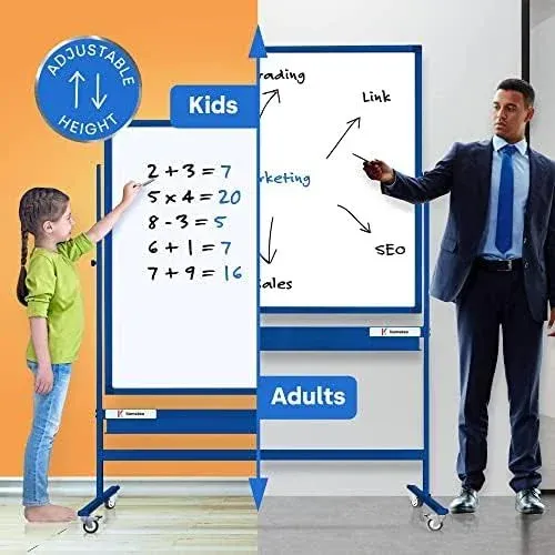 Rolling Dry Erase Board 46 x 32 - Large Portable Magnetic Whiteboard with Stand - Double Sided Easel Style Whiteboard with Wheels - Mobile Standing Whiteboard for Office, Classroom & Home