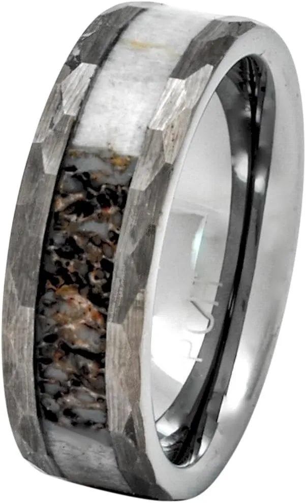 Deer Antler Tungsten Hammered Finish Comfort Fit Wedding Band Ring