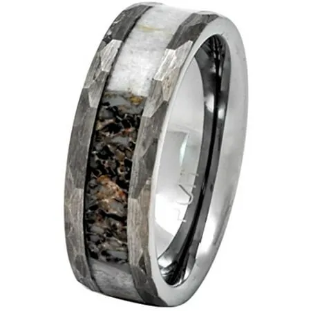 Deer Antler Ring in Tungsten Hammered Finish 8mm Comfort Fit Wedding Band (7.5)