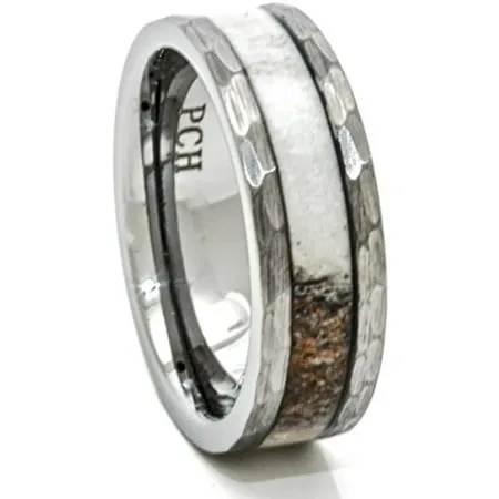 Men's Deer Antler Tungsten Hammered Finish Comfort Fit Wedding Band