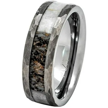 Deer Antler Tungsten Hammered Finish Comfort Fit Wedding Band Ring