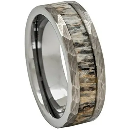 Deer Antler Ring in Tungsten Hammered Finish 8mm Comfort Fit Wedding Band (13)