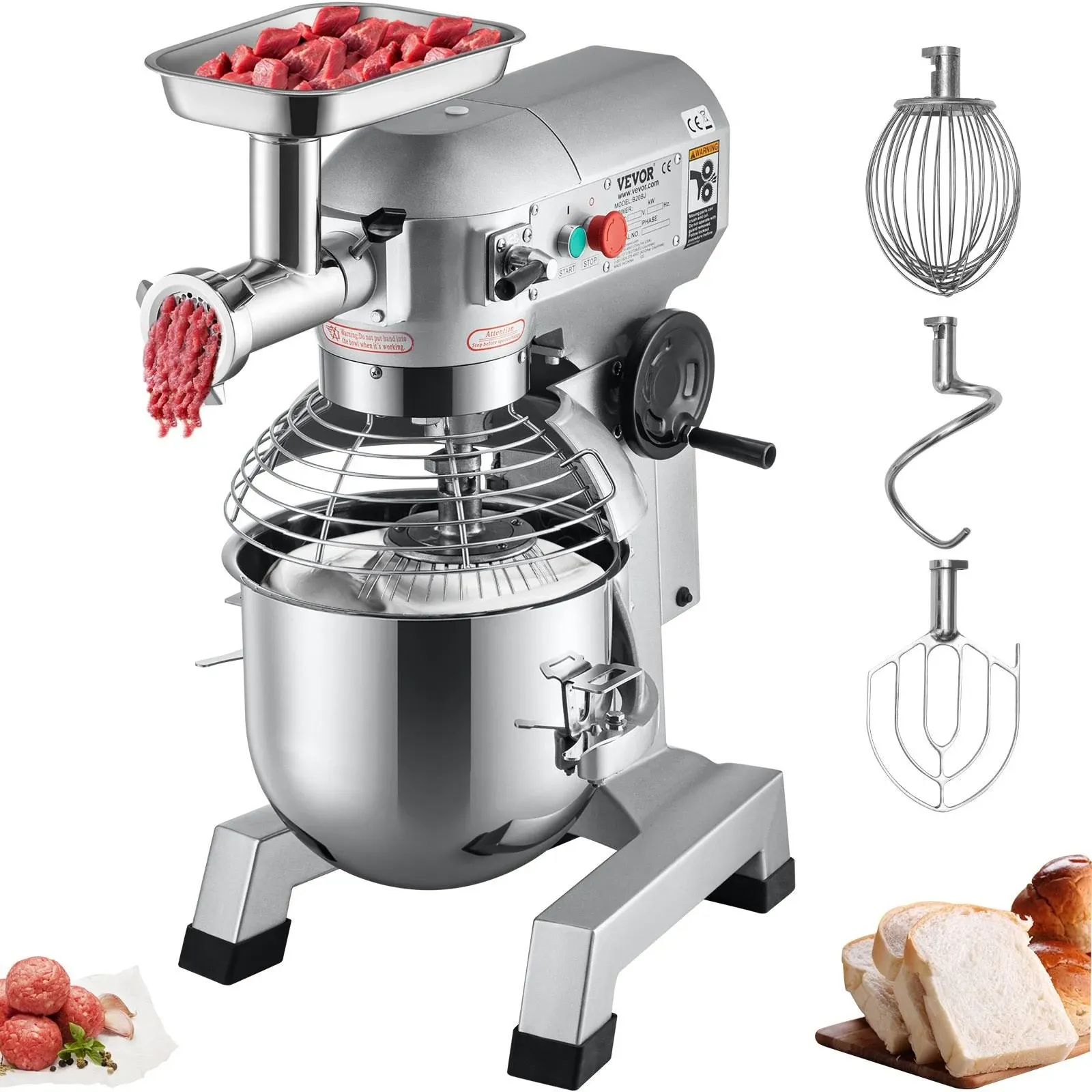 VEVOR Commercial Stand Mixer, 20qt Stainless Steel Bowl, 1100W 2 in 1 Multifunctional Electric Food Mixer with Meat Grinder & 3