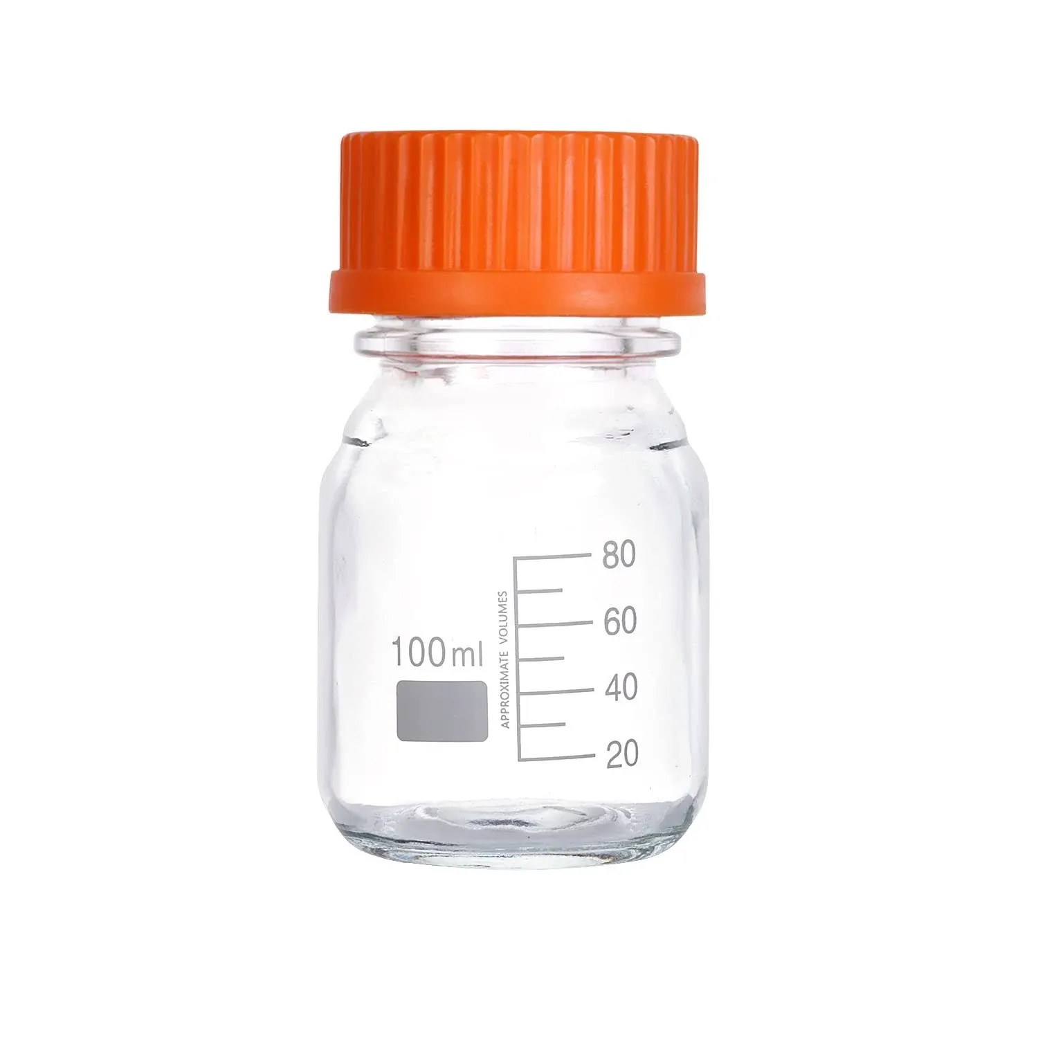 20 pieces 100ml Round Media Glass Bottle Graduated Storage Jar with GL45 Polypropylene Orange Cap