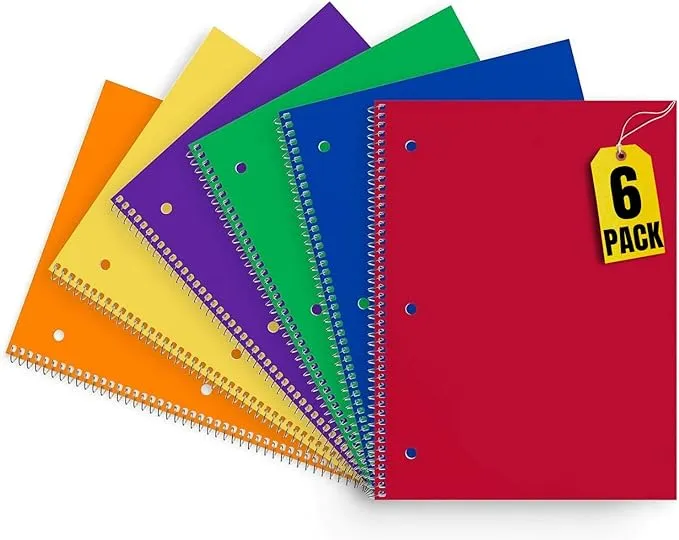 1InTheOffice Spiral Notebook Wide Ruled, 1 Subject Spiral Notebook, 8" x 11", Assorted Colors, 70 Sheets, 6 Pack