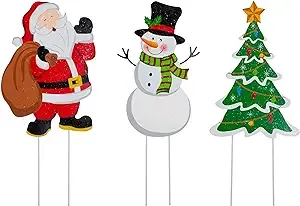 glitzhome GH30338 Metal Christmas Santa Snowman Tree Stake 3 Pack Outdoor Yar...