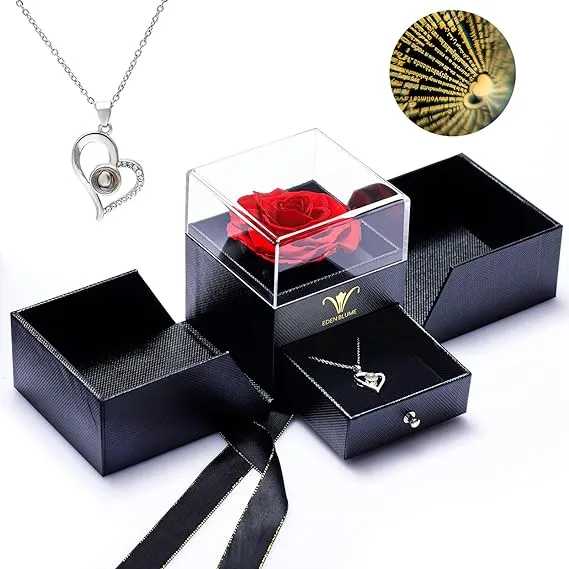 Preserved Real Rose with Heart Necklace in Gift Box |Eternal Forever Flower Pres