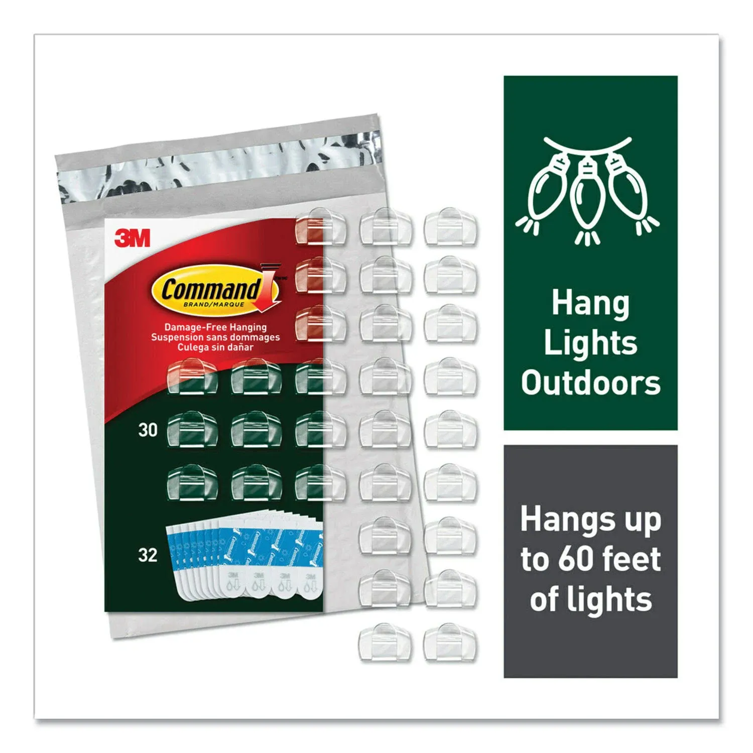 Command All Weather Hooks and Strips, Plastic, Small, 30 Clips and 32 Strips/Pack