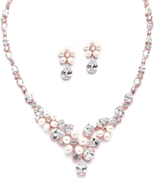 Ravishing Rose Gold Freshwater Pearl & CZ Bridal Necklace and Earrings Set 4430S-I-RG