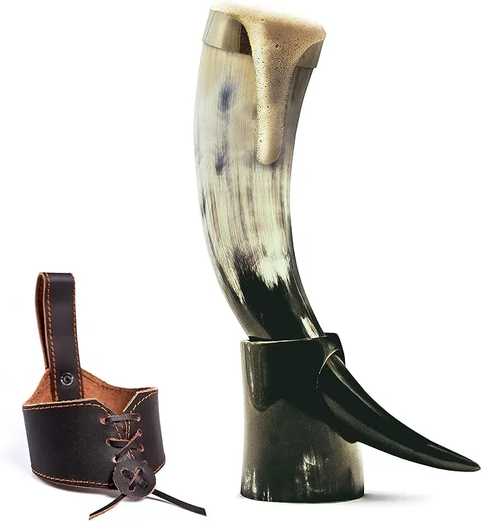 Norse Tradesman Genuine 12" Ox-Horn Viking Drinking Horn with Brass Rim, Fitted Horn Stand & Burlap Gift Sack - The Classic, 12-Inches, High Polish