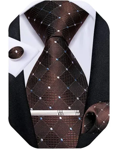 DiBanGu Plaid Tie Men&#039;s Silk Tie and Pocket Square Cufflinks Tie Clip Set Weddin