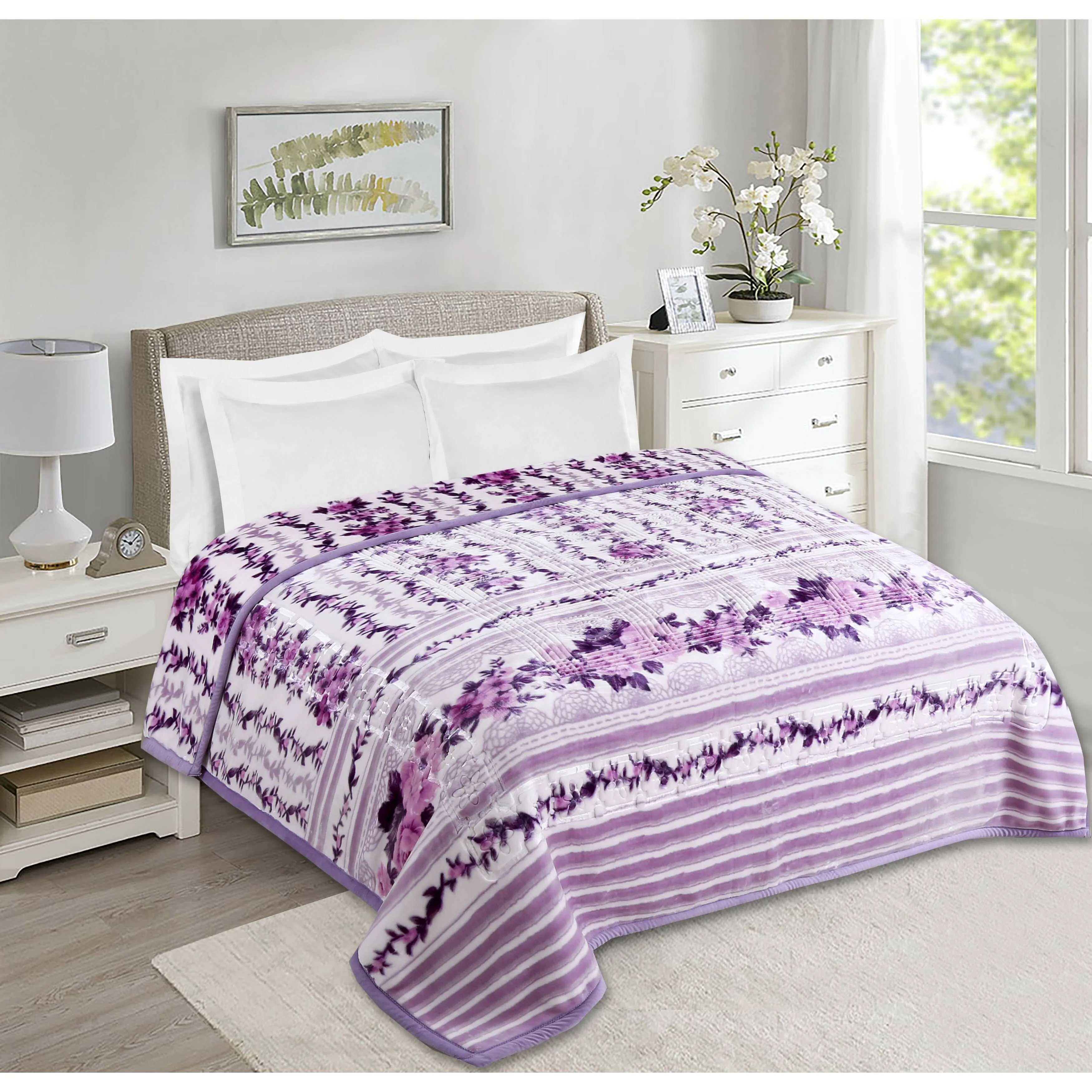 Nestl Velvet 2 Ply Heavy Reversible Printed Raschel Blanket - Queen - Lavender Floral