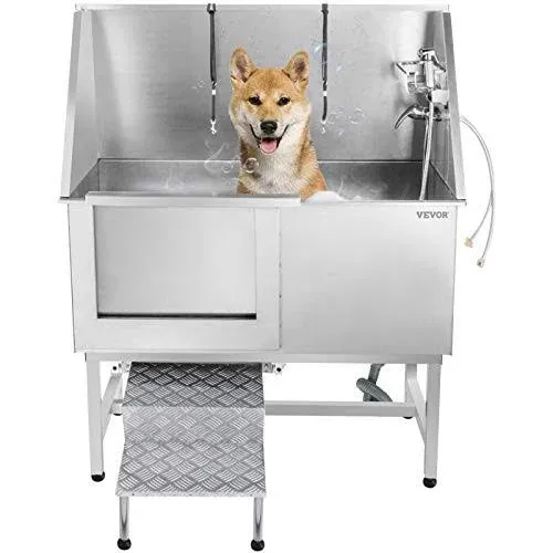 VEVOR 50 Inch Dog Grooming Tub, Professional Stainless Steel Pet Dog Bath Tub, with Steps Faucet & Accessories Dog Washing Station Left Door