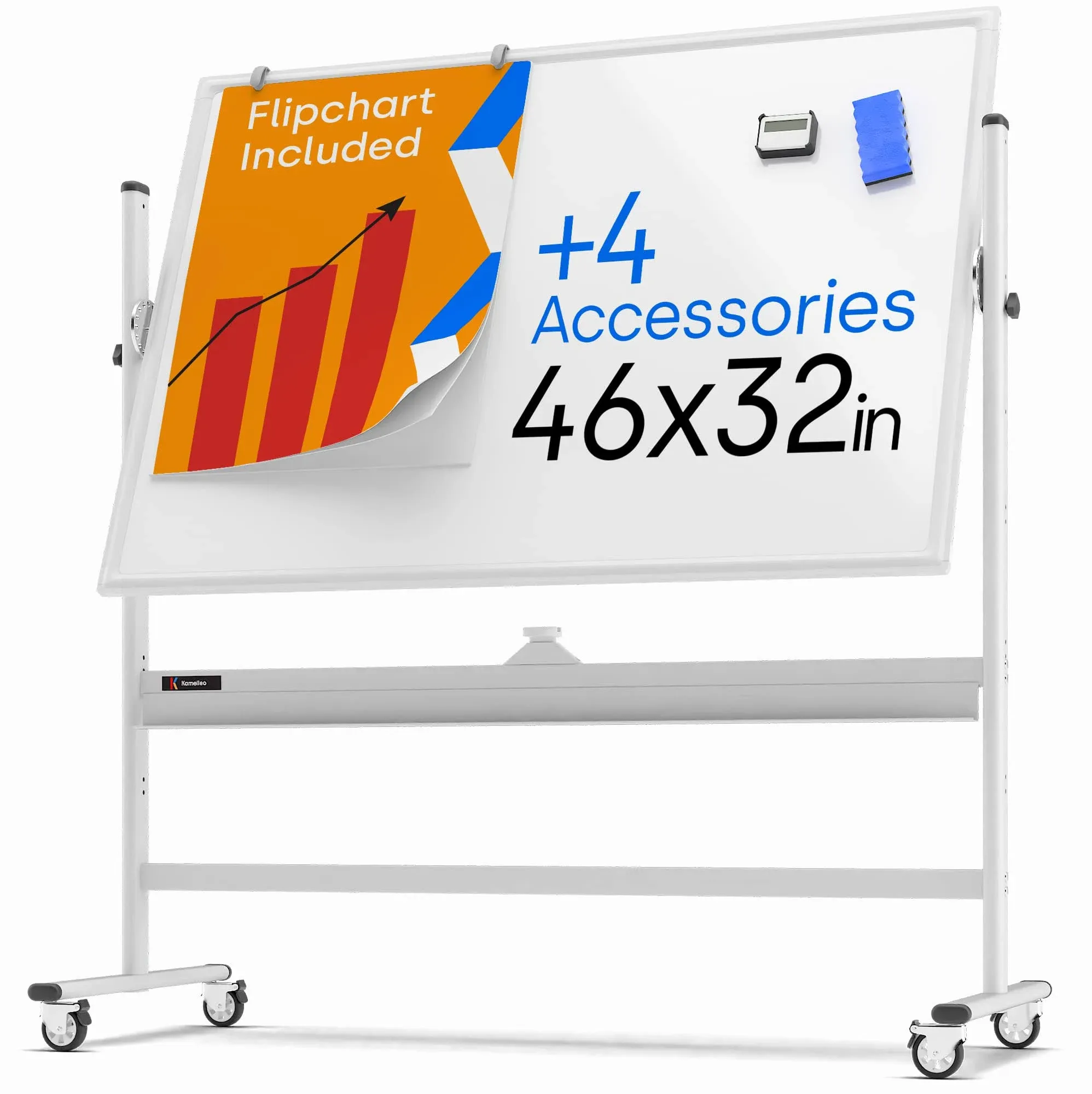 Rolling Magnetic Whiteboard 24 x 48 - Large Portable Dry Erase Board with Stand - Double Sided Easel Style Whiteboard with Wheels - Mobile Standing Whiteboard for Office, Classroom & Home