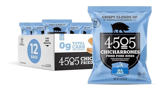 4505 Sea Salt Seasoned Chicharrones, Fried Pork Rinds - Sea Salt Flavored Pork Skins - Low Carb, Gluten-Free, Protein Snack - 1.1oz (Pack of 12)