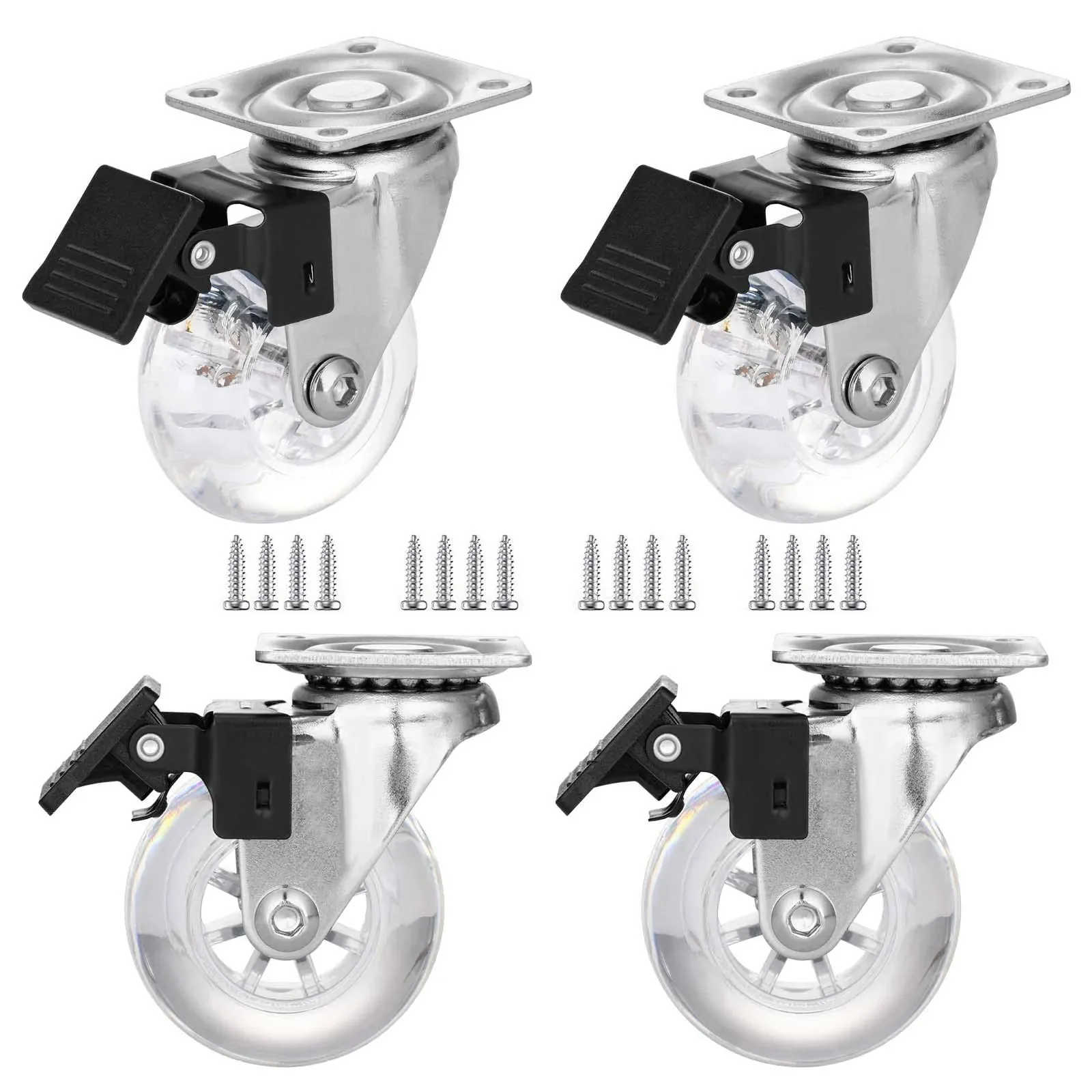 2" Caster Wheels Set of 4, Heavy Duty Casters with BRAKE, Crystal Clear Swivel ...